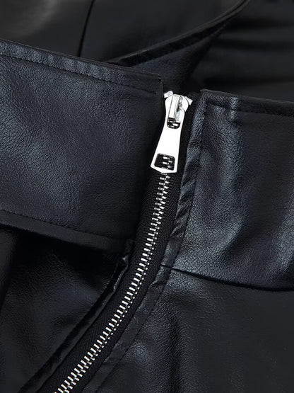 Oversized Faux Leather Bomber Jacket For Women - Black Retro High Neck Loose Moto Biker Coat - Spring Chic Streetwear 2026