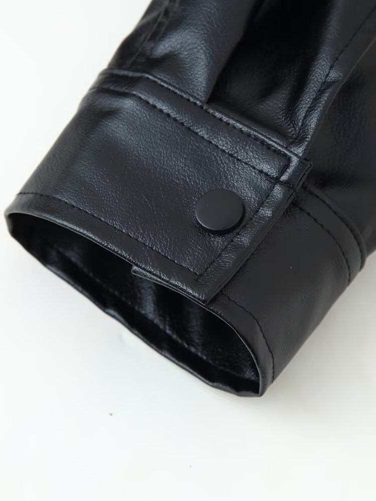 Oversized Faux Leather Bomber Jacket For Women - Black Retro High Neck Loose Moto Biker Coat - Spring Chic Streetwear 2026