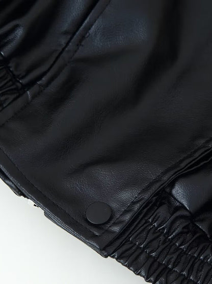 Oversized Faux Leather Bomber Jacket For Women - Black Retro High Neck Loose Moto Biker Coat - Spring Chic Streetwear 2026