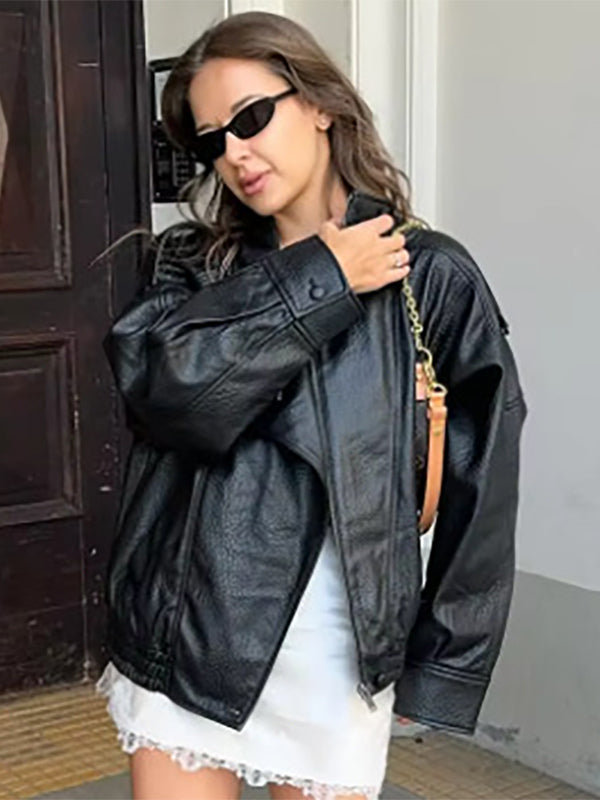 Oversized Faux Leather Bomber Jacket For Women - Black Retro High Neck Loose Moto Biker Coat - Spring Chic Streetwear 2026