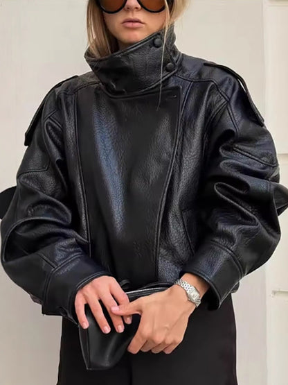 Oversized Faux Leather Bomber Jacket For Women - Black Retro High Neck Loose Moto Biker Coat - Spring Chic Streetwear 2026