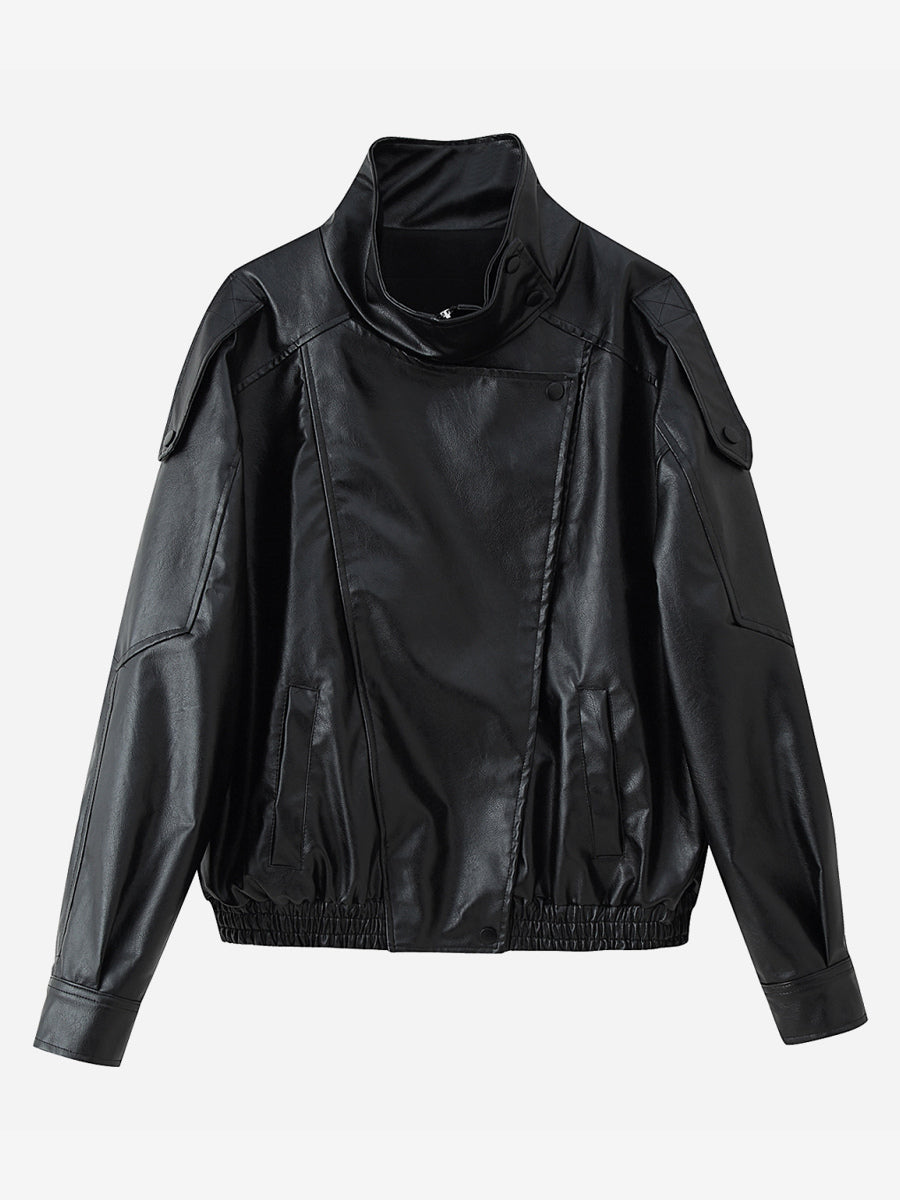 Oversized Faux Leather Bomber Jacket For Women - Black Retro High Neck Loose Moto Biker Coat - Spring Chic Streetwear 2026