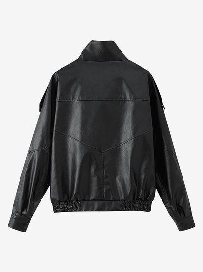 Oversized Faux Leather Bomber Jacket For Women - Black Retro High Neck Loose Moto Biker Coat - Spring Chic Streetwear 2026