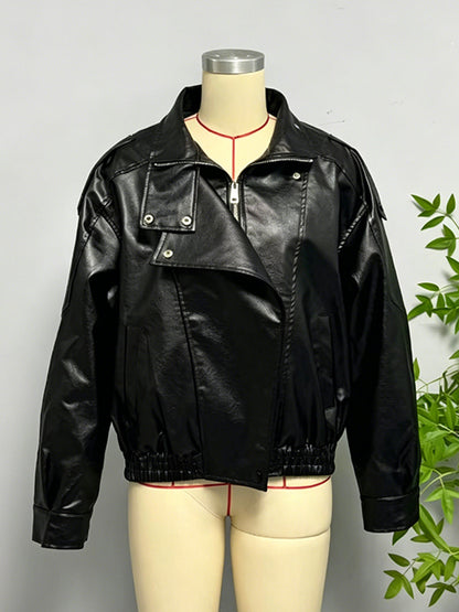 Oversized Faux Leather Bomber Jacket For Women - Black Retro High Neck Loose Moto Biker Coat - Spring Chic Streetwear 2026