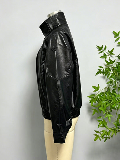 Oversized Faux Leather Bomber Jacket For Women - Black Retro High Neck Loose Moto Biker Coat - Spring Chic Streetwear 2026