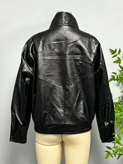 Oversized Faux Leather Bomber Jacket For Women - Black Retro High Neck Loose Moto Biker Coat - Spring Chic Streetwear 2026