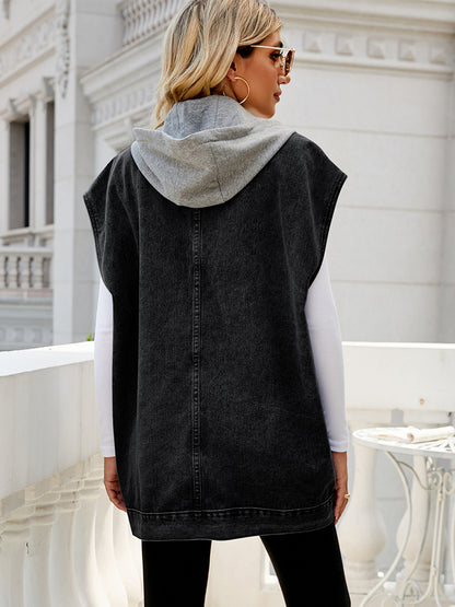 Oversized Hooded Denim Vest For Women - Longline Distressed Sleeveless Jean Jacket Coat - Spring Summer Streetwear 2026