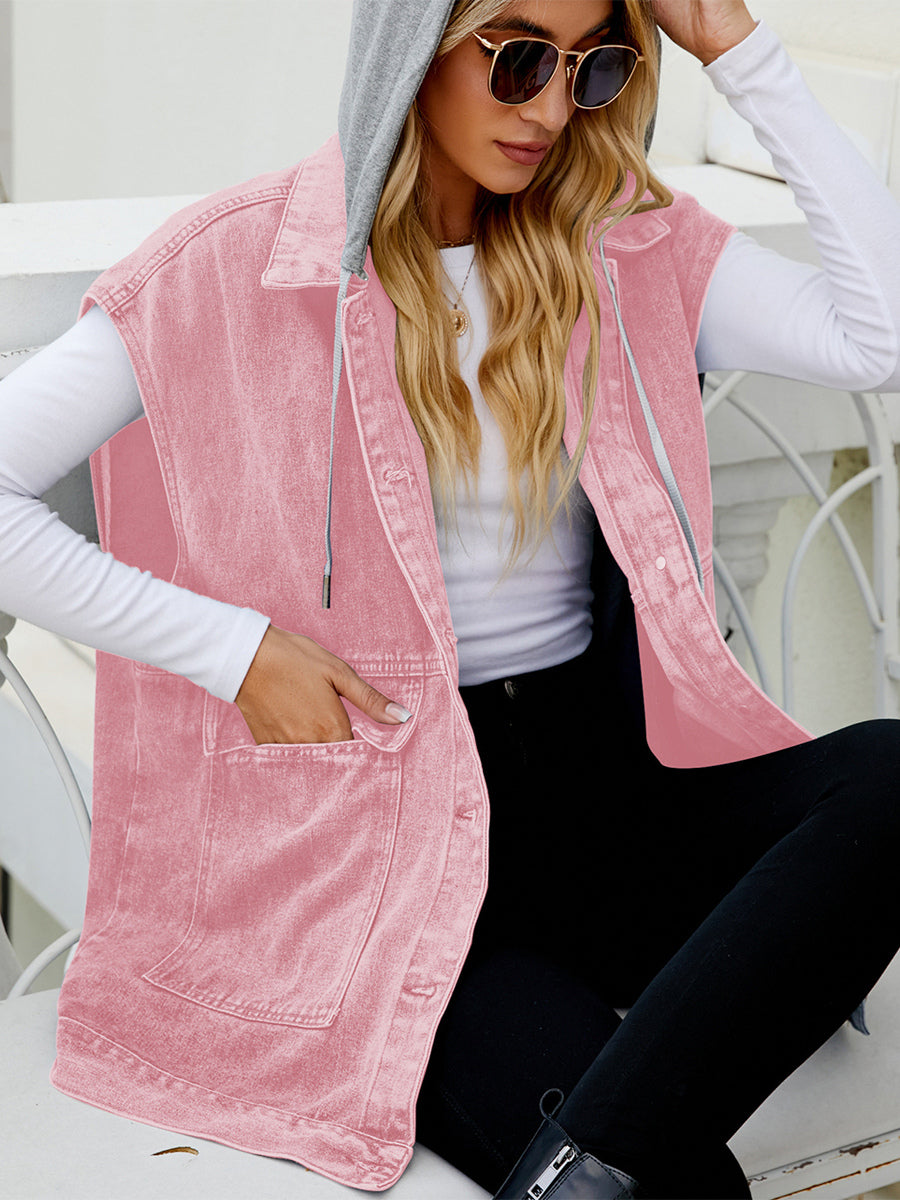 Oversized Hooded Denim Vest For Women - Longline Distressed Sleeveless Jean Jacket Coat - Spring Summer Streetwear 2026