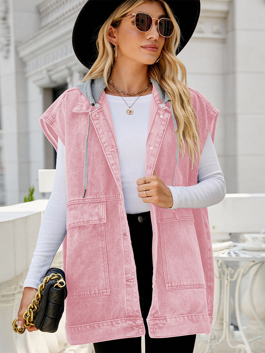 Oversized Hooded Denim Vest For Women - Longline Distressed Sleeveless Jean Jacket Coat - Spring Summer Streetwear 2026