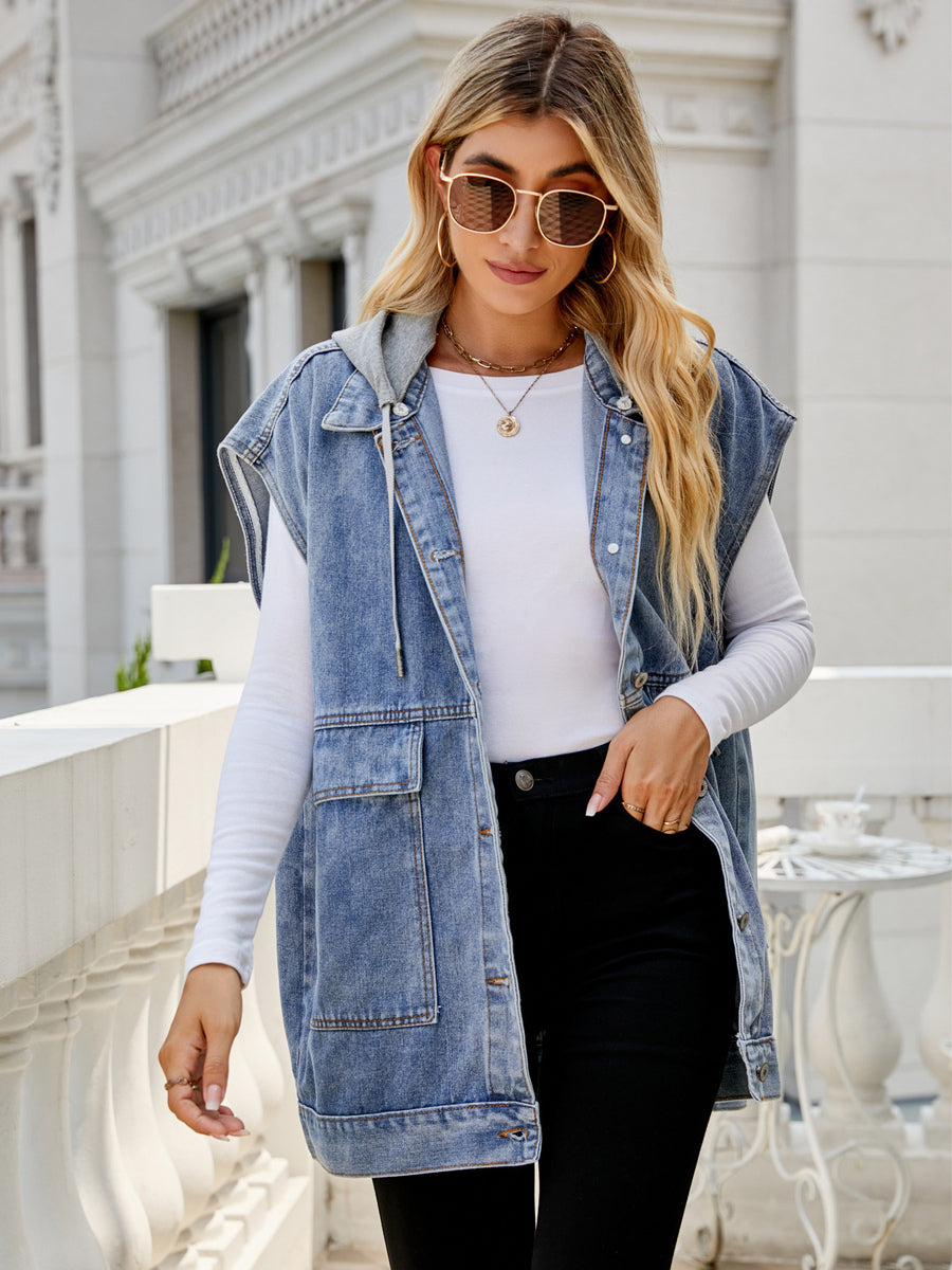 Oversized Hooded Denim Vest For Women - Longline Distressed Sleeveless Jean Jacket Coat - Spring Summer Streetwear 2026