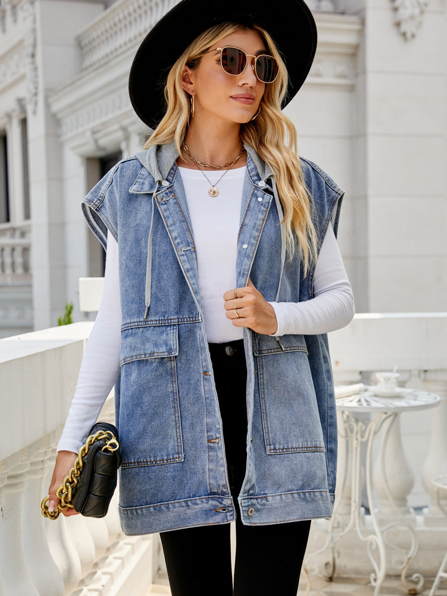Oversized Hooded Denim Vest For Women - Longline Distressed Sleeveless Jean Jacket Coat - Spring Summer Streetwear 2026