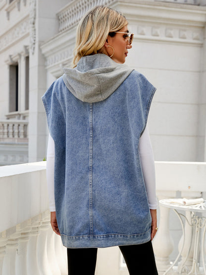 Oversized Hooded Denim Vest For Women - Longline Distressed Sleeveless Jean Jacket Coat - Spring Summer Streetwear 2026