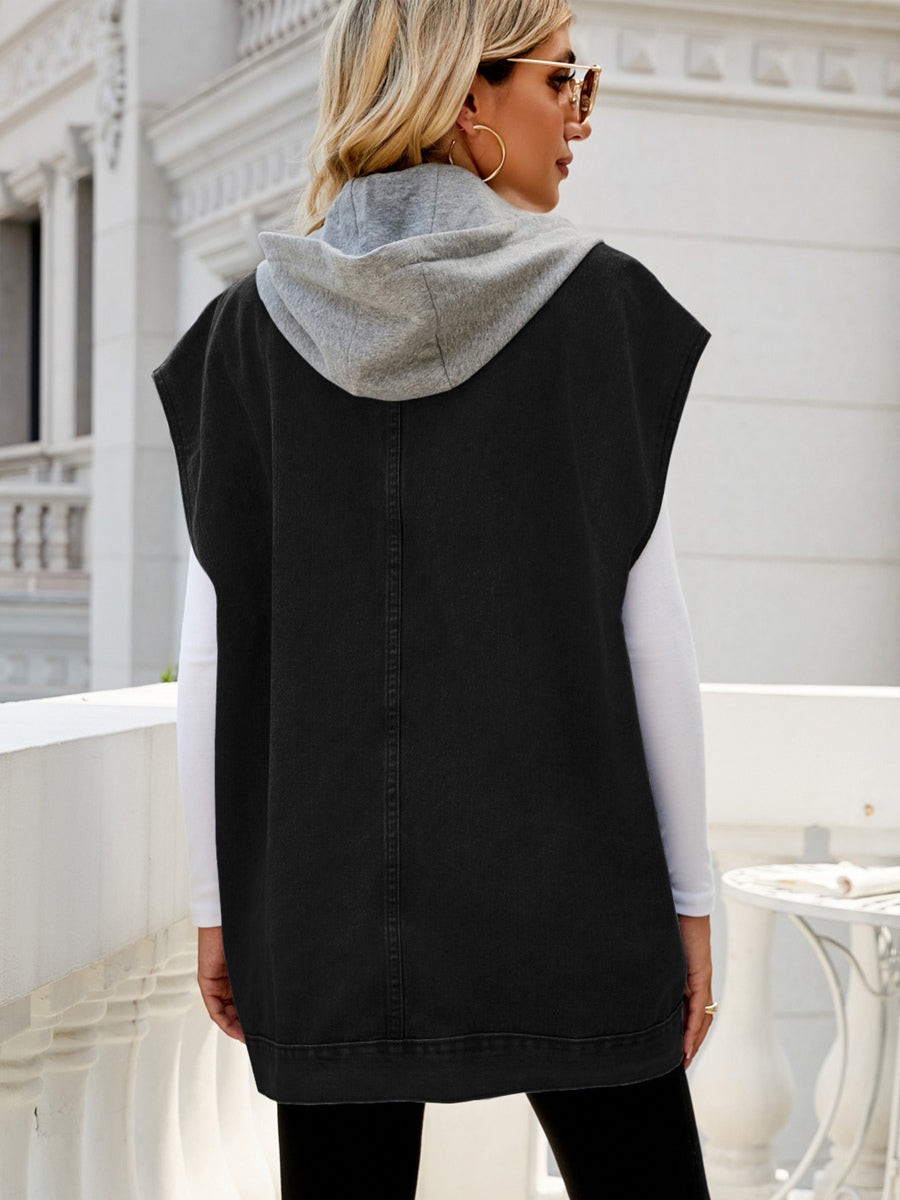 Oversized Hooded Denim Vest For Women - Longline Distressed Sleeveless Jean Jacket Coat - Spring Summer Streetwear 2026