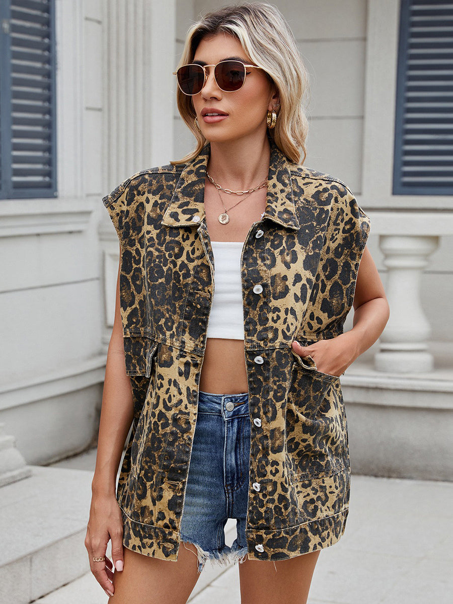 Leopard Print Denim Vest For Women - Animal Pattern Oversized Sleeveless Jean Jacket Coat - Spring Summer Streetwear 2026