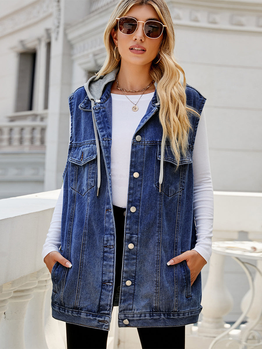 Hooded Denim Vest For Women - Oversized Longline Distressed Sleeveless Jean Jacket Coat - Spring Summer Streetwear 2026