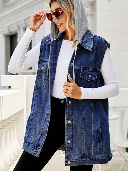 Hooded Denim Vest For Women - Oversized Longline Distressed Sleeveless Jean Jacket Coat - Spring Summer Streetwear 2026
