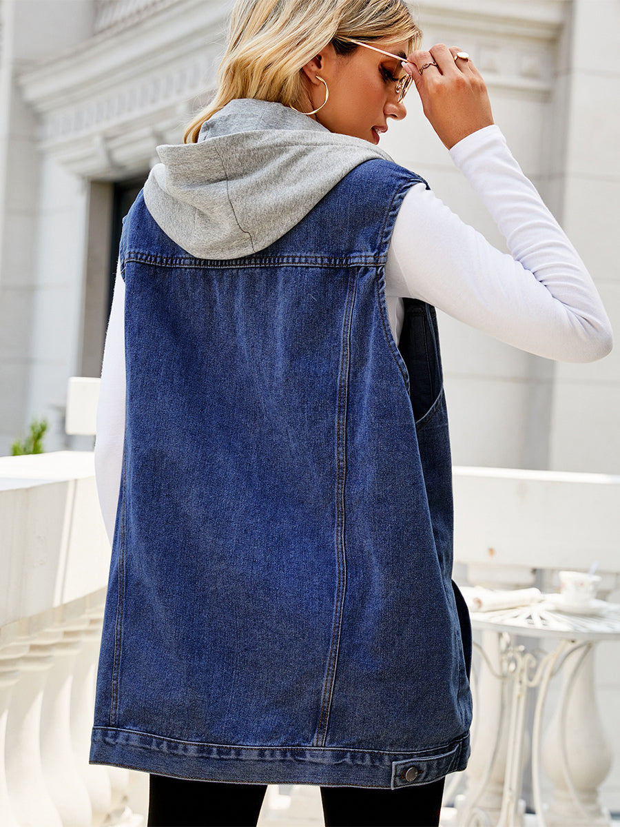 Hooded Denim Vest For Women - Oversized Longline Distressed Sleeveless Jean Jacket Coat - Spring Summer Streetwear 2026