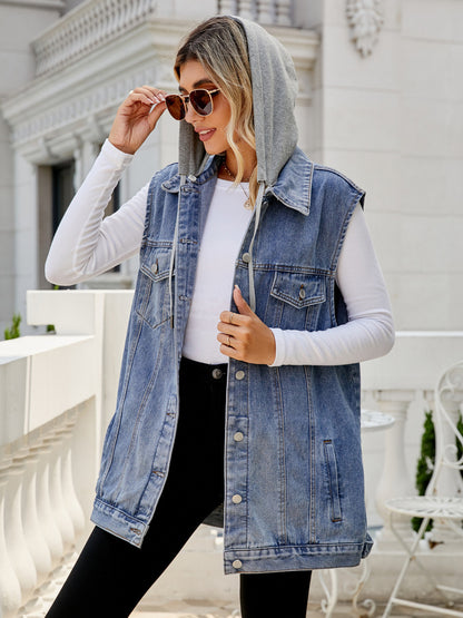Hooded Denim Vest For Women - Oversized Longline Distressed Sleeveless Jean Jacket Coat - Spring Summer Streetwear 2026
