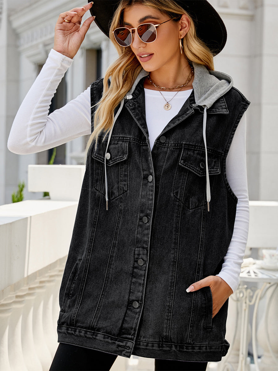Hooded Denim Vest For Women - Oversized Longline Distressed Sleeveless Jean Jacket Coat - Spring Summer Streetwear 2026
