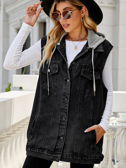 Hooded Denim Vest For Women - Oversized Longline Distressed Sleeveless Jean Jacket Coat - Spring Summer Streetwear 2026