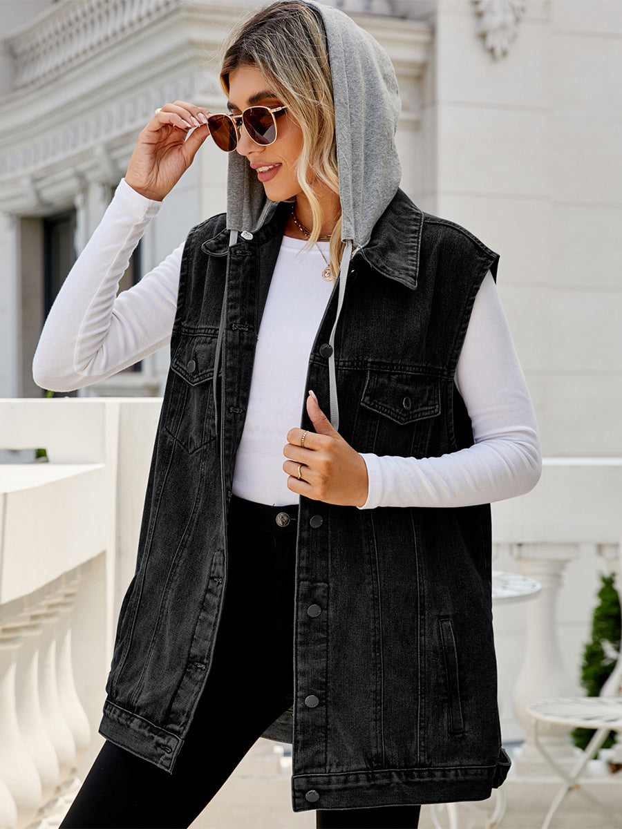 Hooded Denim Vest For Women - Oversized Longline Distressed Sleeveless Jean Jacket Coat - Spring Summer Streetwear 2026