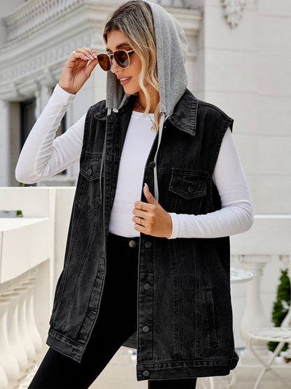 Hooded Denim Vest For Women - Oversized Longline Distressed Sleeveless Jean Jacket Coat - Spring Summer Streetwear 2026