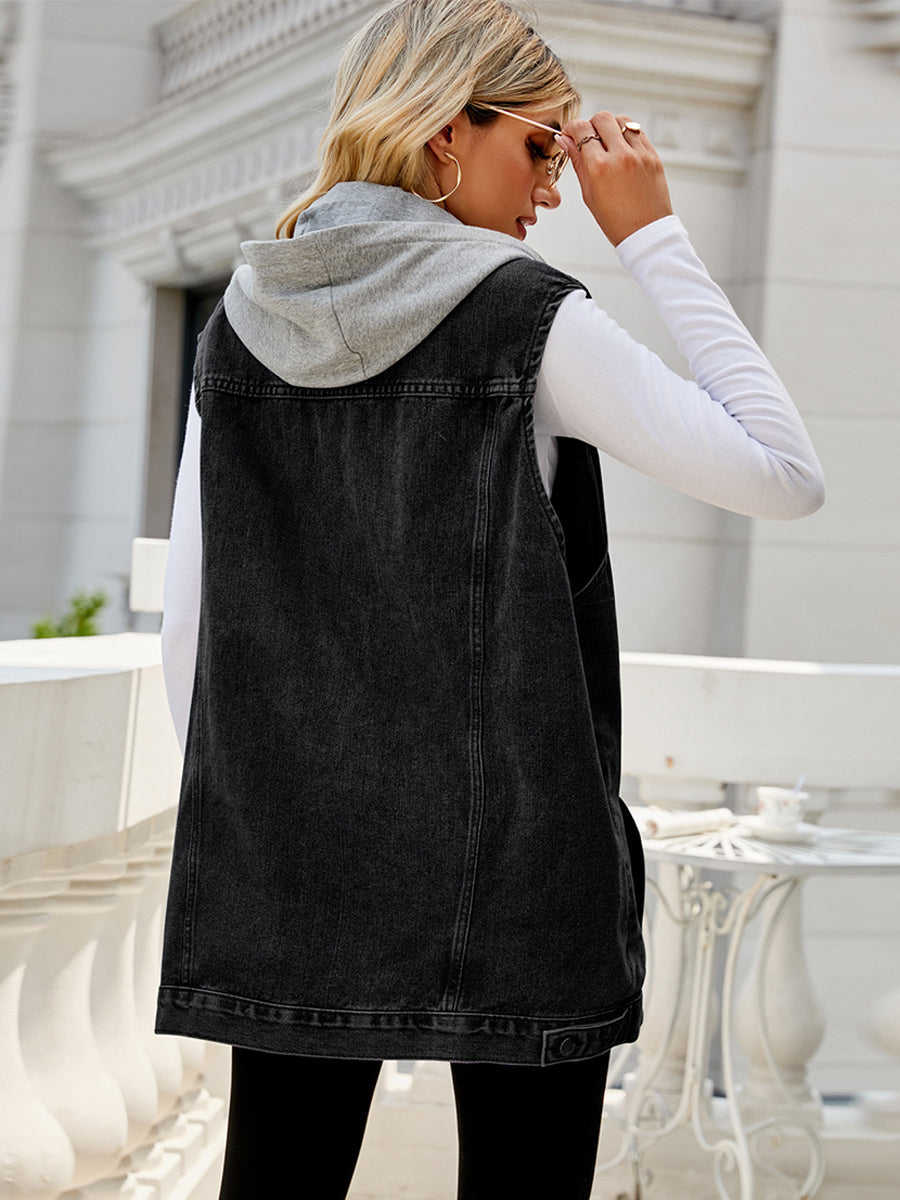 Hooded Denim Vest For Women - Oversized Longline Distressed Sleeveless Jean Jacket Coat - Spring Summer Streetwear 2026