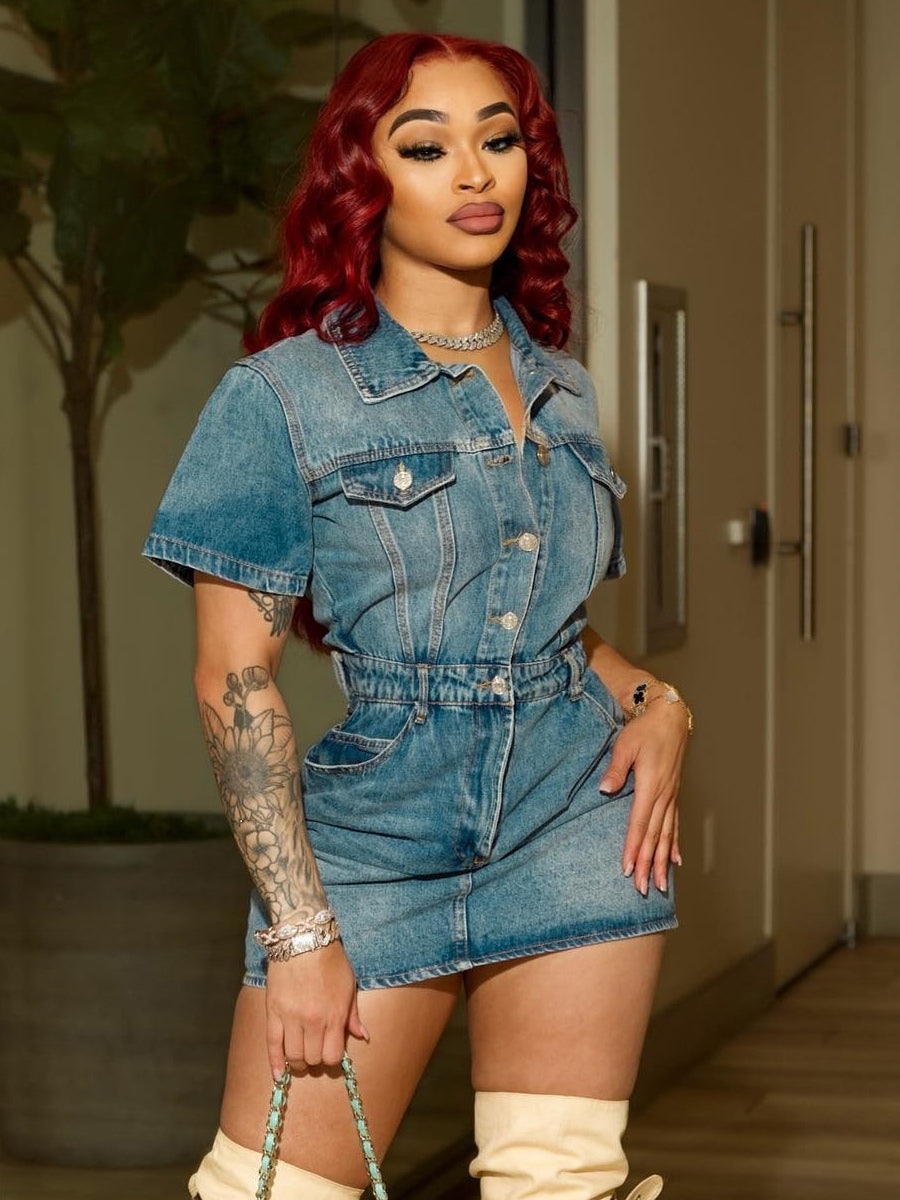 Short Sleeve Denim Dress For Women - Medium Wash Streetwear Button Up Bodycon Mini Jean Dress - Spring Night Out 2026