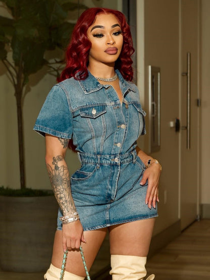 Short Sleeve Denim Dress For Women - Medium Wash Streetwear Button Up Bodycon Mini Jean Dress - Spring Night Out 2026