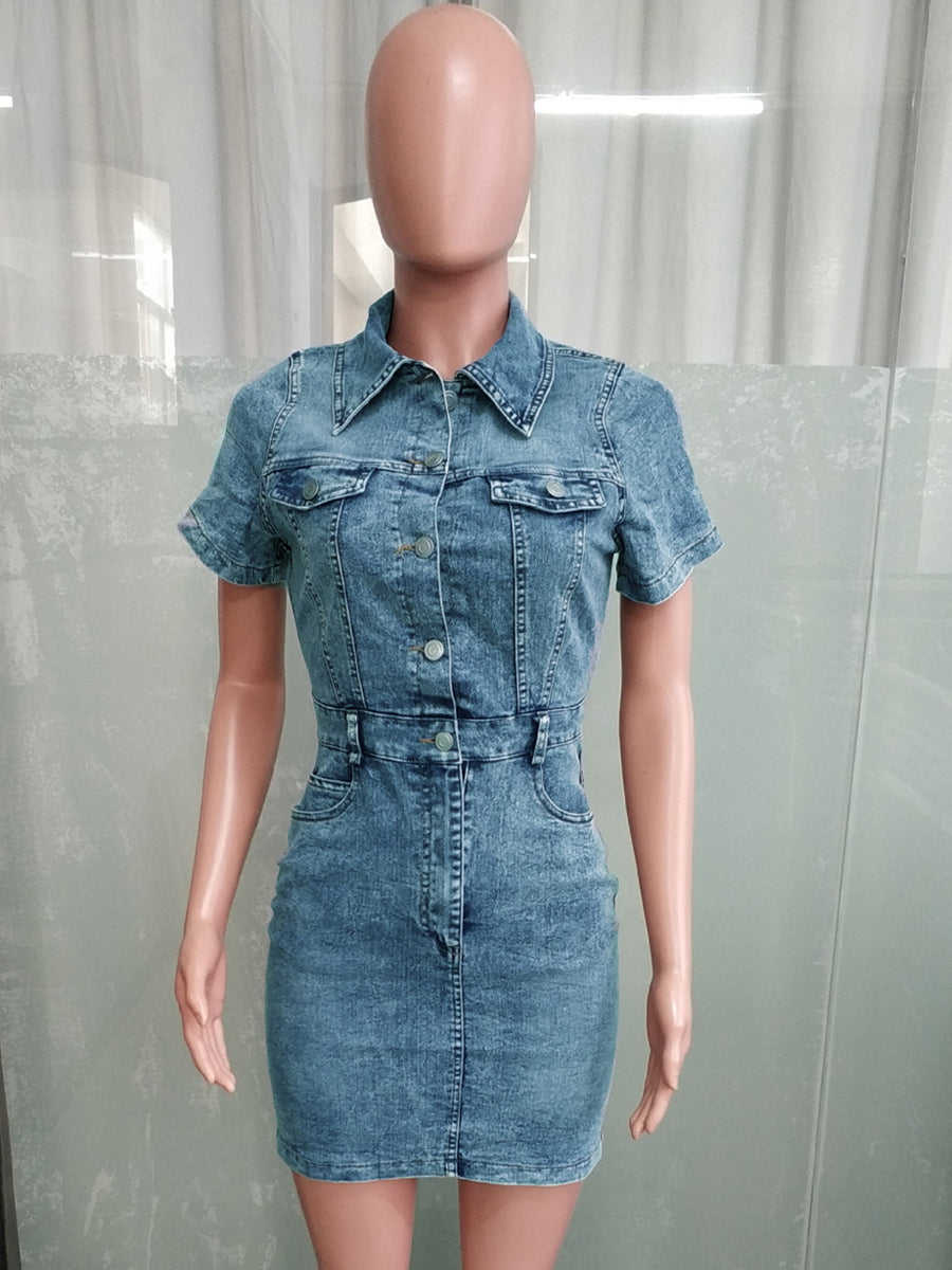 Short Sleeve Denim Dress For Women - Medium Wash Streetwear Button Up Bodycon Mini Jean Dress - Spring Night Out 2026