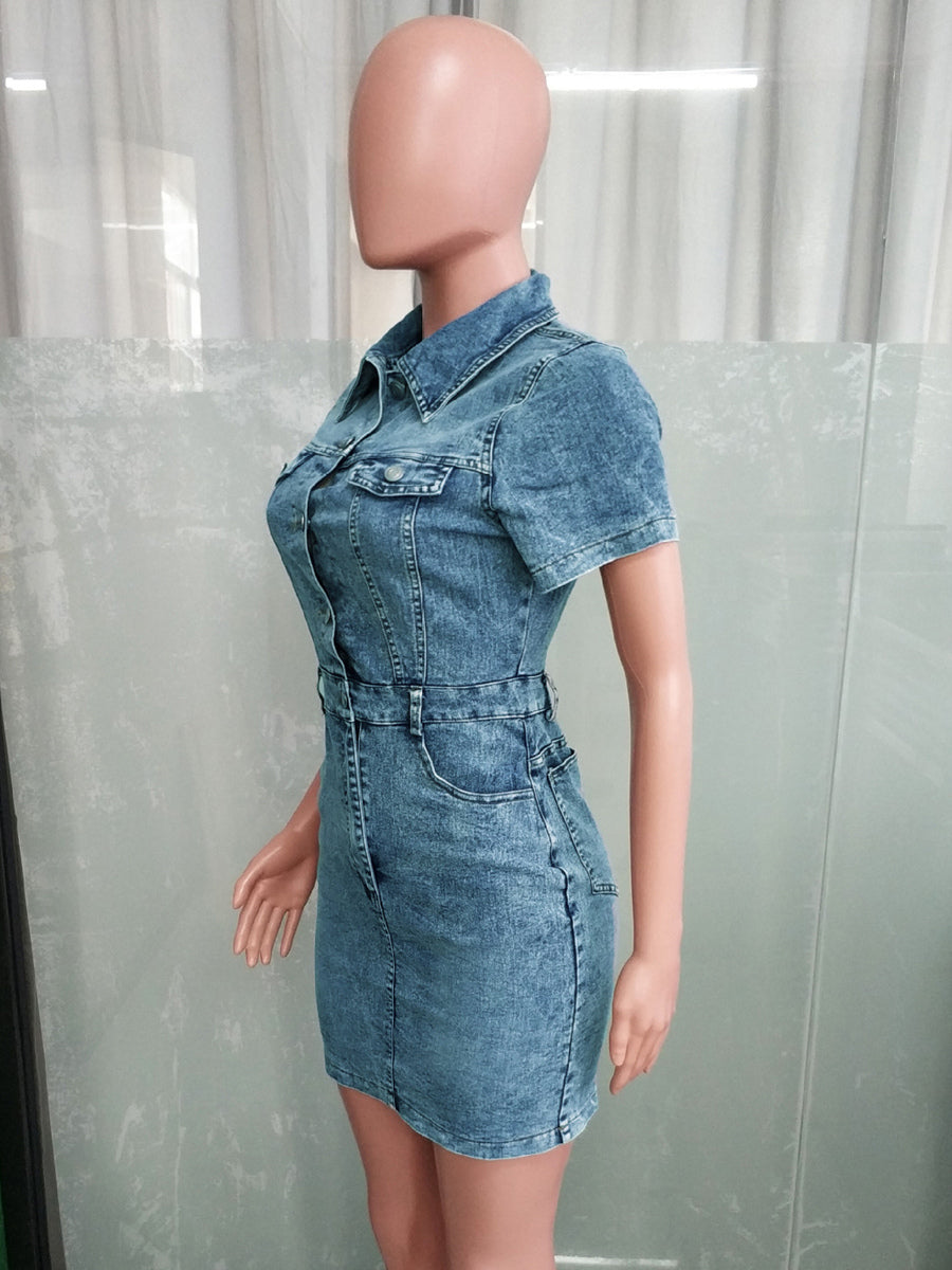Short Sleeve Denim Dress For Women - Medium Wash Streetwear Button Up Bodycon Mini Jean Dress - Spring Night Out 2026
