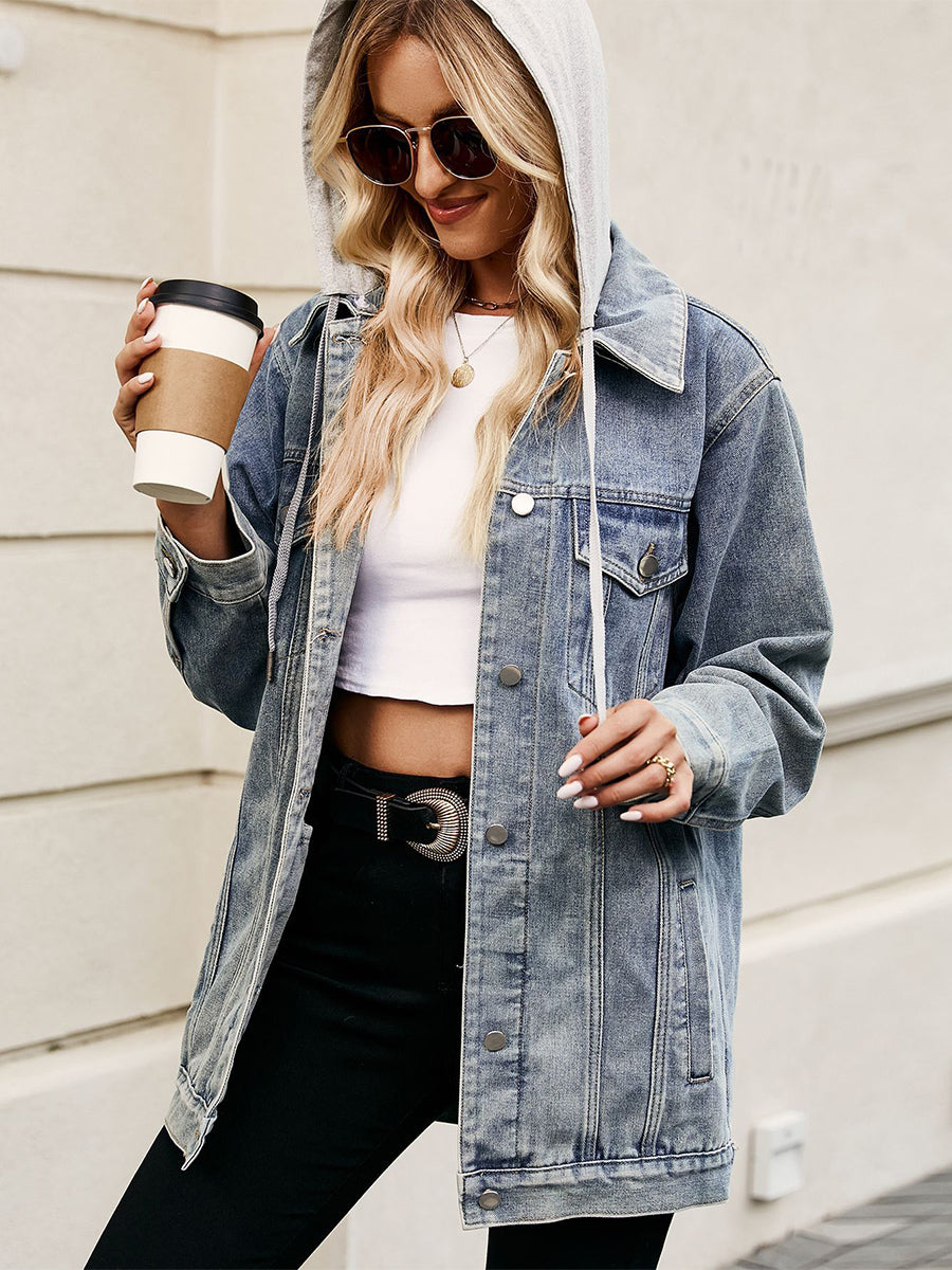 Oversized Hooded Denim Jacket For Women - Long Boyfriend Fit Distressed Jean Trucker Coat - Spring Chic Streetwear 2026