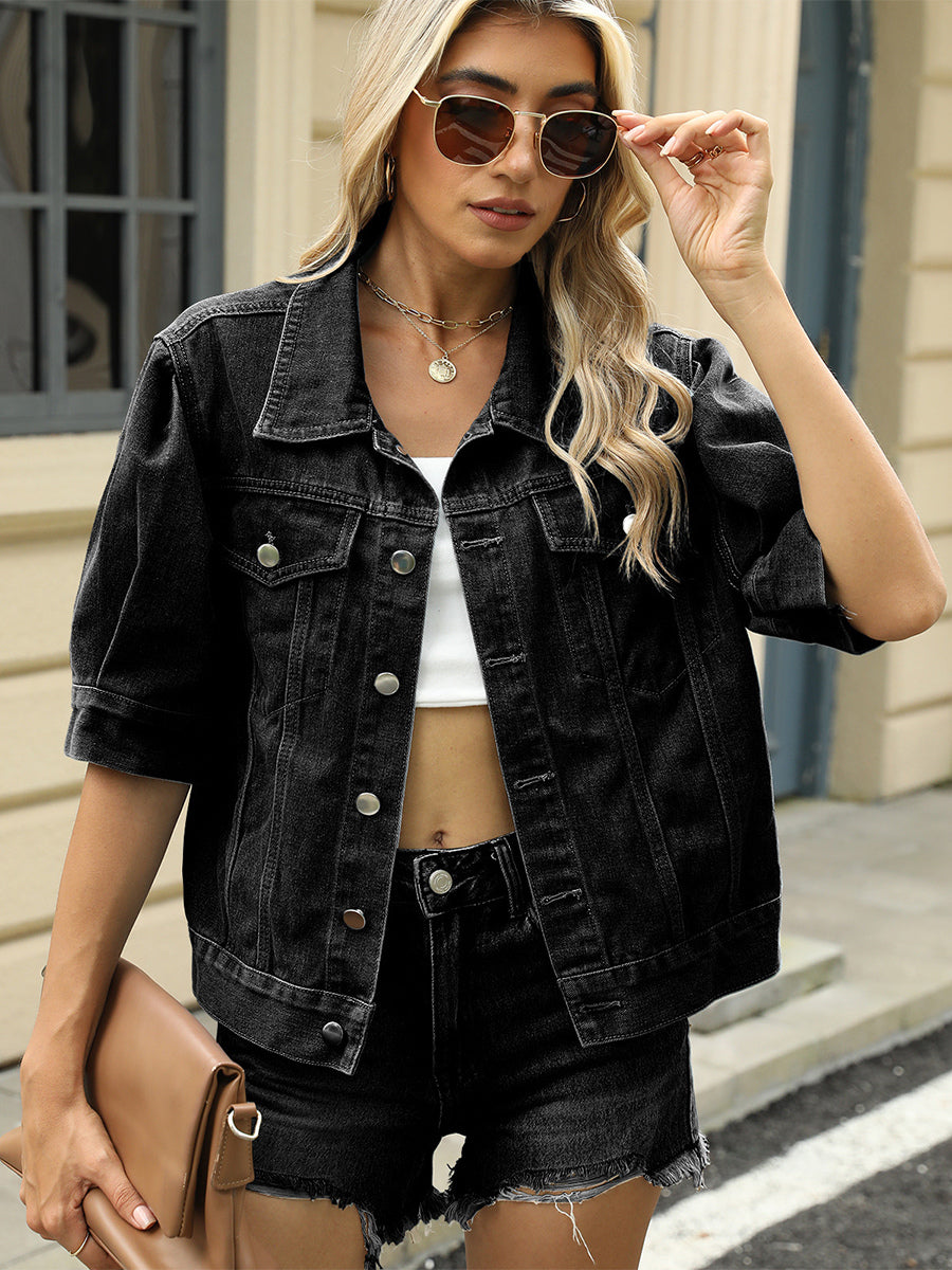 Puff Sleeve Denim Jacket For Women - Retro Half Sleeve Cropped Jean Trucker Coat - Summer Spring Streetwear 2026