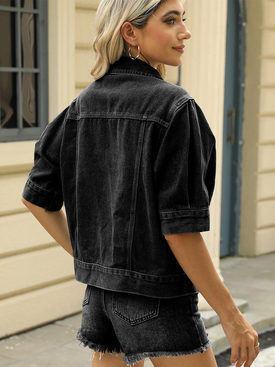 Puff Sleeve Denim Jacket For Women - Retro Half Sleeve Cropped Jean Trucker Coat - Summer Spring Streetwear 2026