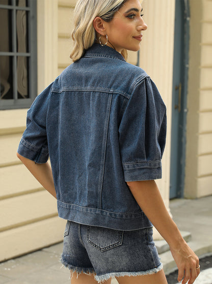 Puff Sleeve Denim Jacket For Women - Retro Half Sleeve Cropped Jean Trucker Coat - Summer Spring Streetwear 2026