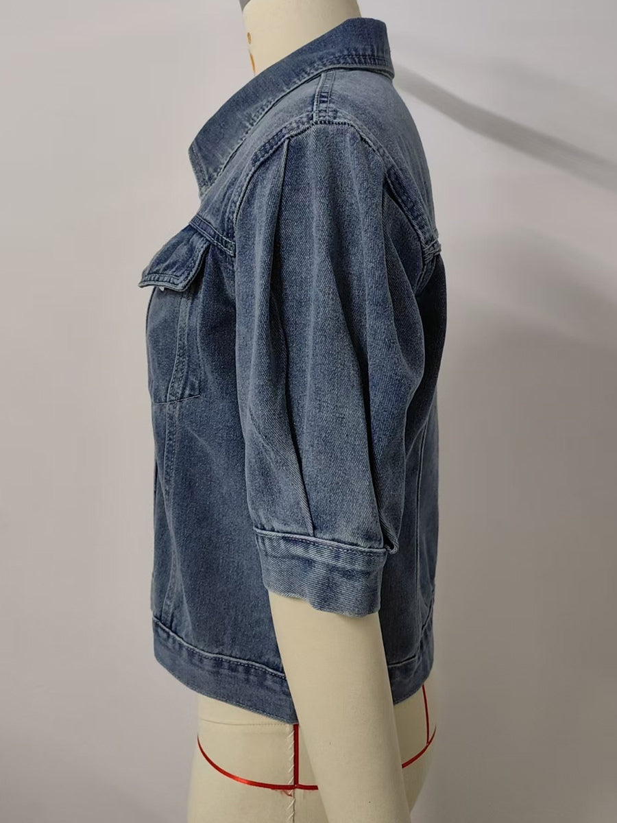 Puff Sleeve Denim Jacket For Women - Retro Half Sleeve Cropped Jean Trucker Coat - Summer Spring Streetwear 2026