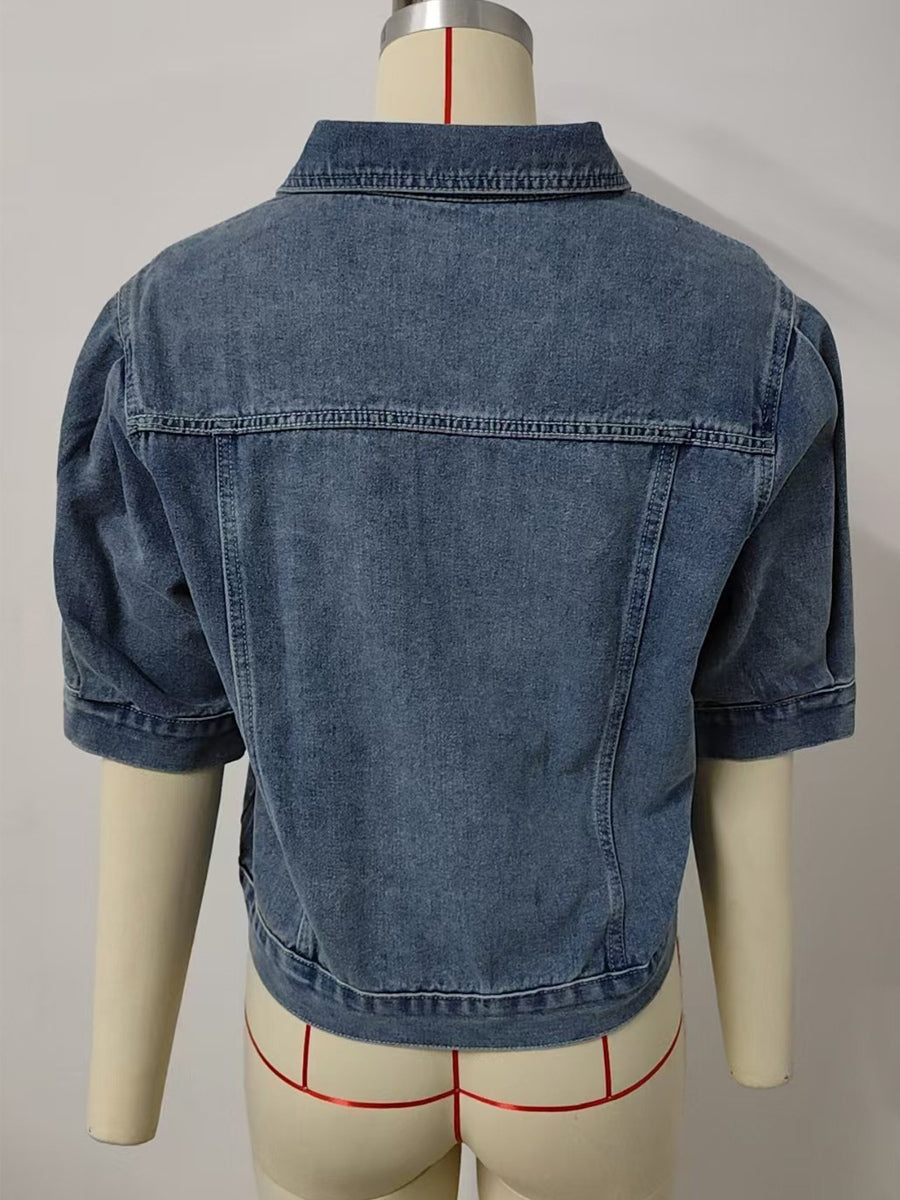 Puff Sleeve Denim Jacket For Women - Retro Half Sleeve Cropped Jean Trucker Coat - Summer Spring Streetwear 2026