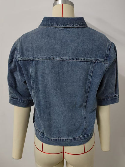 Puff Sleeve Denim Jacket For Women - Retro Half Sleeve Cropped Jean Trucker Coat - Summer Spring Streetwear 2026