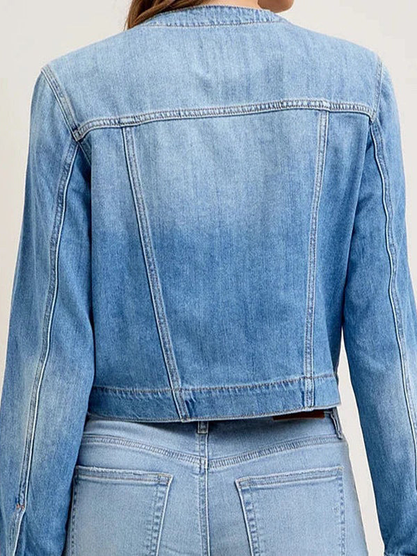 Vintage Washed Denim Jacket For Women - Blue Retro Single Breasted Loose Jean Trucker Coat - Spring Casual Streetwear 2026