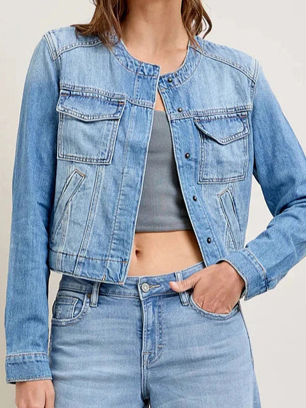 Vintage Washed Denim Jacket For Women - Blue Retro Single Breasted Loose Jean Trucker Coat - Spring Casual Streetwear 2026