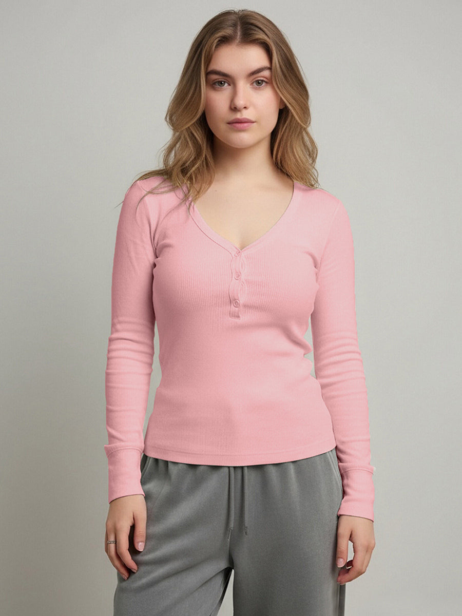 Ribbed Henley Shirt Top For Women - Casual V-Neck Long Sleeve Slim Fit Button Front Jersey Tee - Spring Daily Wear 2026