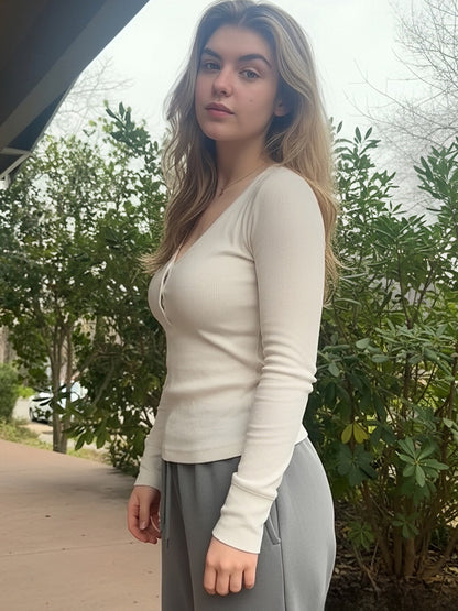 Ribbed Henley Shirt Top For Women - Casual V-Neck Long Sleeve Slim Fit Button Front Jersey Tee - Spring Daily Wear 2026