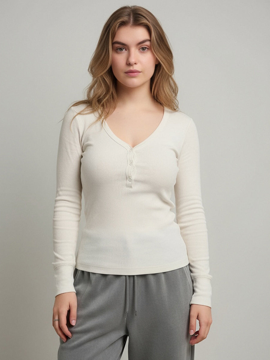 Ribbed Henley Shirt Top For Women - Casual V-Neck Long Sleeve Slim Fit Button Front Jersey Tee - Spring Daily Wear 2026