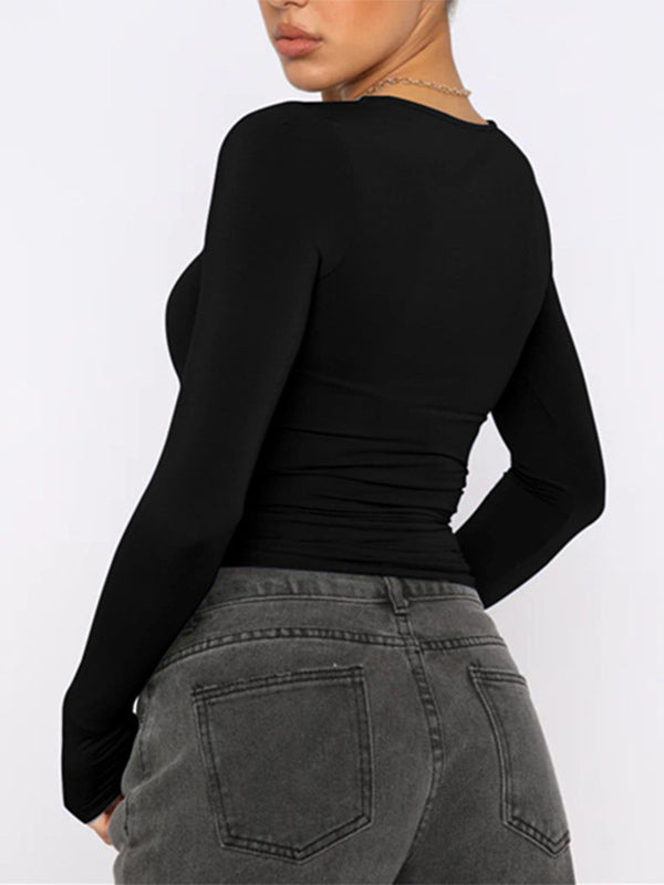 Fitted Long Sleeve Crew Neck Crop Top For Women - Y2K Slim Fit Stretchy Soft Basic Tee - Spring Streetwear 2026