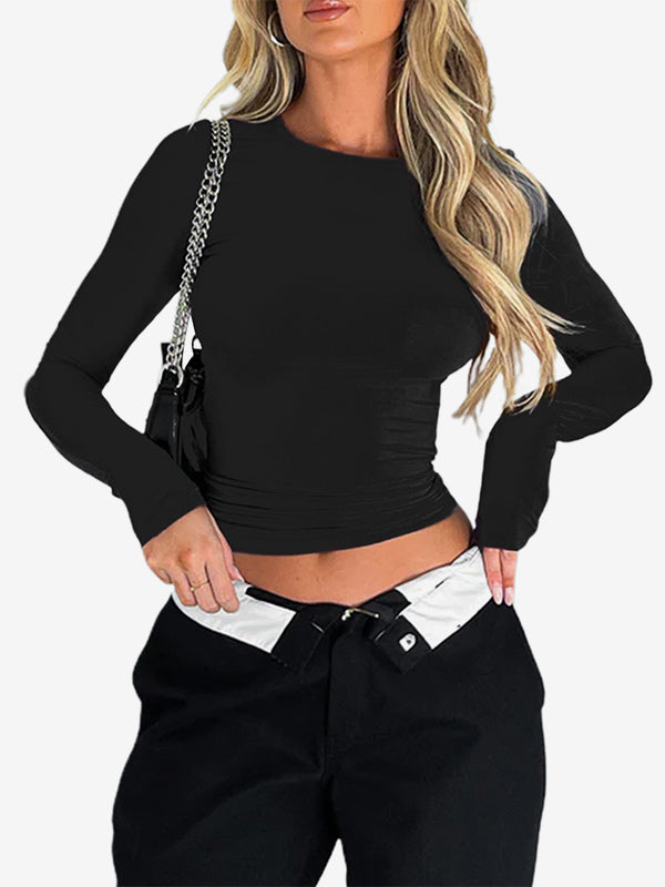 Fitted Long Sleeve Crew Neck Crop Top For Women - Y2K Slim Fit Stretchy Soft Basic Tee - Spring Streetwear 2026