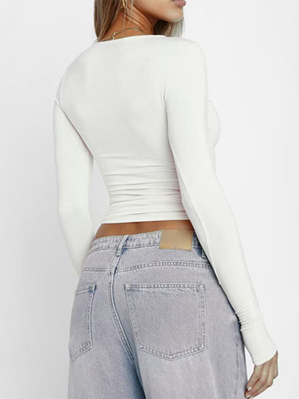 Fitted Long Sleeve Crew Neck Crop Top For Women - Y2K Slim Fit Stretchy Soft Basic Tee - Spring Streetwear 2026