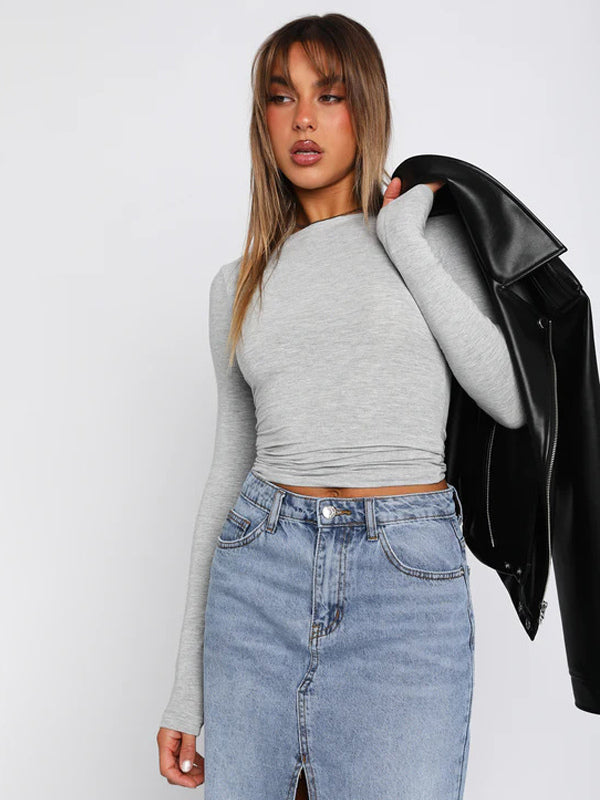 Fitted Long Sleeve Crew Neck Crop Top For Women - Y2K Slim Fit Stretchy Soft Basic Tee - Spring Streetwear 2026