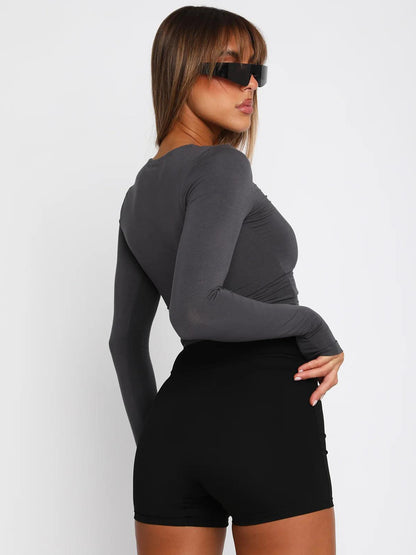 Fitted Long Sleeve Crew Neck Crop Top For Women - Y2K Slim Fit Stretchy Soft Basic Tee - Spring Streetwear 2026