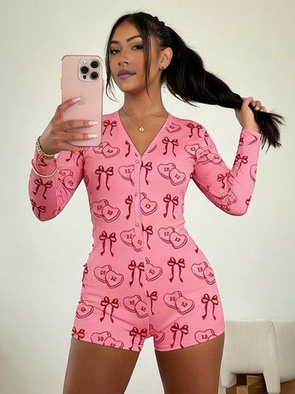 Lips Print Romper Pajamas For Women - Sexy V Neck Long Sleeve Button Front Bodycon Onesie Sleepwear - Valentine's Day 2026