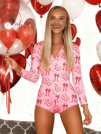 Lips Print Romper Pajamas For Women - Sexy V Neck Long Sleeve Button Front Bodycon Onesie Sleepwear - Valentine's Day 2026
